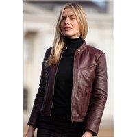 Ashwood Leather Women's 'lolita' Real Leather Mandarin Collar Biker Jacket in Burgundy | Size: 18