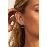 MUCHV Women's Black Agate Quartz Stud Earrings in 18k Gold