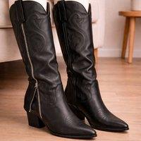 Truffle Collection Women's Knee Boots Pointed Toe Zip Fastening Polyurethane Block Heel Shoes in Black | Size: 4