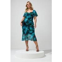 Yours Women's Blur Print Gathered Midi Dress in Teal | Size: 26-28