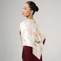 Silk and Bears Women's Ivory Floral & Ribbon Print Silk Twill Scarf - 100% Mulberry Silk, Hand-Rolled Edges, Bridal Gift | Size: 10-12R