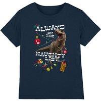 Jurassic World T-Rex Christmas Naughty List Kids T-Shirt, Navy | Size: 7-8 Years