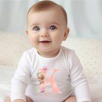 Aye Do Gifts Girl's Personalised Pink Initial Teddies Baby Outfit: Baby Grow in White | Size: 0-3 m
