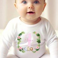 Aye Do Gifts Girl's Personalised Pink 1st Birthday Jungle Animals Baby Outfit: Baby Grow in White | Size: 0-3 m