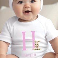 Aye Do Gifts Girl's Personalised Pink Initial Bunny Baby Outfit: Vest in White | Size: 0-3 m