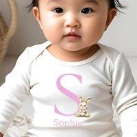 Aye Do Gifts Girl's Personalised Pink Initial Bunny Baby Outfit: Baby Grow in White | Size: 0-3 m
