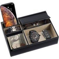 Nordara 1PCS-Black PU Leather Valet Tray Catchall Nightstand Desk Organizer in Black