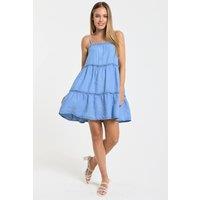 Liquorish Women's Light Blue Cotton Tiered Mini Dress | Size: 8