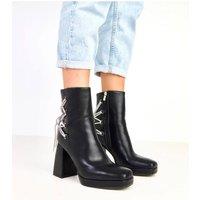 Love Lace Women's Ankle Boots with Back Zircon Lace Up Platform Pillar Heel in Black | Size: 6.5