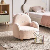 Wyld and Coco Cat Shaped Kids Armchair Off-White Boucl Low Rubberwood Chair in White