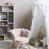 Wyld and Coco Kids Armchair Light Beige Boucl Shell Backrest and Rubberwood Legs