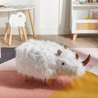 Wyld and Coco Rhino Kids Stool - White Faux Fur with Rubberwood Legs