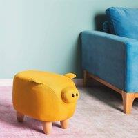 Wyld and Coco Pig-Shaped Kids Stool - Yellow Fabric Solid Rubberwood Legs