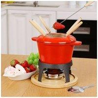Living and Home Enamel Cast Iron Fondue Set with Forks & Burner in Red