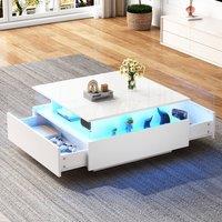 BTM Square LED Center Table with 2 Sliding Storage Drawers in White