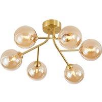 Happy Homewares Designer Satin Gold 6-Arm Ceiling Light Fixture with Amber Tinted Glass Shades