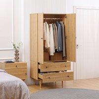 HOMCOM Modern Wardrobe with 2 Drawers Hanging Rail Clothes Organizer in Light Brown