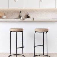 Wyld and Coco Set of 2 Beige Armless Bar Stools - Faux Leather Black Steel Legs