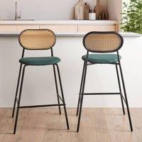 Wyld and Coco Viennese Bar Chairs Set of 2 - Black Iron Frame with Rattan Backrest