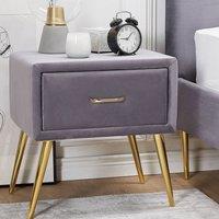 Wyld and Coco Grey Velvet Bedside Table Nightstand with 1 Drawer Gold-Toned Legs