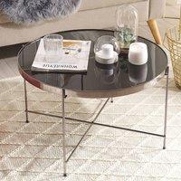 Wyld and Coco Round Coffee Table - Black Tempered Glass Top Silver Metal Legs 63cm