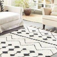 Wyld and Coco Runes Rug Off-White and Charcoal Cotton Geometric Tassels in White | Size: 140 cm x 200 cm
