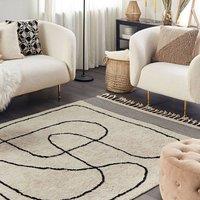 Wyld and Coco Cotton Rug Beige and Black 140 x 200 cm Hand-Tufted with Tassels | Size: 140 cm x 200 cm