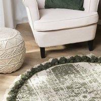 Wyld and Coco Cream Cotton Round Rug 120cm - Distressed Green Oriental | Size: 120 cm diameter
