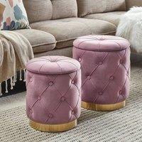 Wyld and Coco Pink Velvet Button Tufted Storage Pouffes Set Gold Base