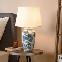 Wyld and Coco Porcelain Table Lamp - 54cm Linen Drum Shade White Blue