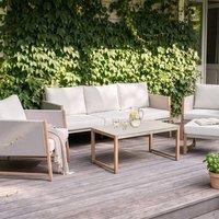 Wyld and Coco 5-Seater Garden Sofa Set with Cushions Ottoman and Glass Table in Beige