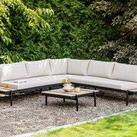 Wyld and Coco Off White Eucalyptus L Shaped Corner Sofa Set Slatted Coffee Table
