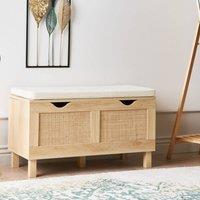 Wyld and Coco Light Wood Storage Bench with Cushioned Top and Rattan Fronts in Brown