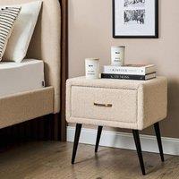 Wyld and Coco Beige Boucle Bedside Table Drawer Black Iron Legs and Rose Gold Handle