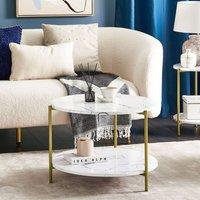 Wyld and Coco Round Marble-Effect Coffee Table 60cm White Top Gold Frame with Shelf