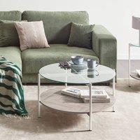 Wyld and Coco Silver Round Coffee Table Tempered Glass Top and Light Wood Shelf 80cm