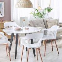 Wyld and Coco Set 2 White Synthetic Dining Chairs Open Work Back and Light Wood