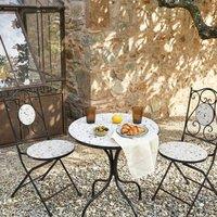 Wyld and Coco Black Metal Folding Chairs Terrazzo Pattern Ceramic Backrest Set of 2