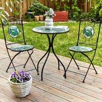 Wyld and Coco Set of 2 Black Folding Metal Garden Chairs Green Ceramic Mosaic Tiles