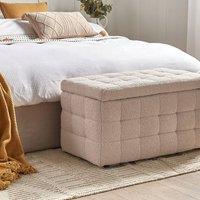 Wyld and Coco Beige Boucle Storage Ottoman Bench Button-Tufted