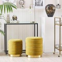 Wyld and Coco Yellow Storage Pouffes Set Tufted Velvet Gold Stainless Steel Base