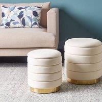 Wyld and Coco Set of 2 Storage Pouffes Beige Velvet with Gold Base