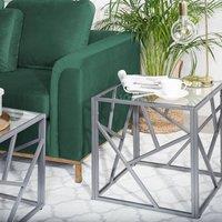 Wyld and Coco Modern Side Table Transparent Glass Top and Silver Geometric Iron