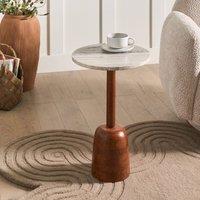Wyld and Coco Round Side Table - Mango Wood Base Marble Top Walnut Veneer Brown