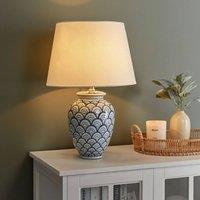 Wyld and Coco Porcelain Table Lamp with Blue and White Wave Pattern Linen Shade