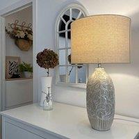 Wyld and Coco Beige Ceramic Bedside Lamp with Leaf Pattern Drum Shade 57 cm