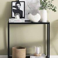 Wyld and Coco Modern Console Table Black Tempered Glass Top Open Metal Base
