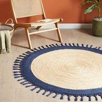 Wyld and Coco Round Jute Rug 140 cm Beige and Dark Blue Braided | Size: 140 cm diameter