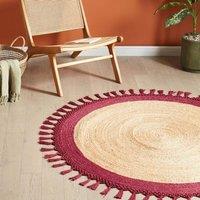 Wyld and Coco Round Jute Cotton Rug 140 cm Spiral Braided Boho Beige Red Accents | Size: 140 cm diameter