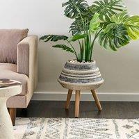 Wyld and Coco Evergreen Hand Painted Fibre Clay Plant Stand Beige Grey Round
